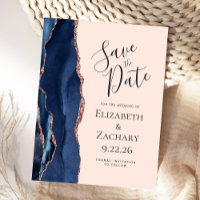 Rose Gold Agate Bleu Marine Faire-Part de Mariage