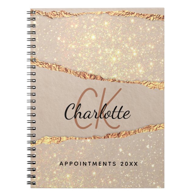 Rose gold agate glitter marble monogram luxury notebook (Front)