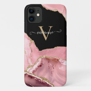 Rose Gold Agate Glitter Monogram iPhone 11 Case