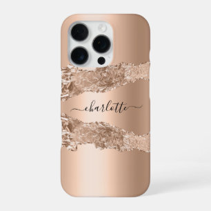 Rose gold agate marble name script iPhone 16 pro case