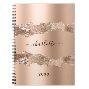 Rose gold agate marble name script notebook