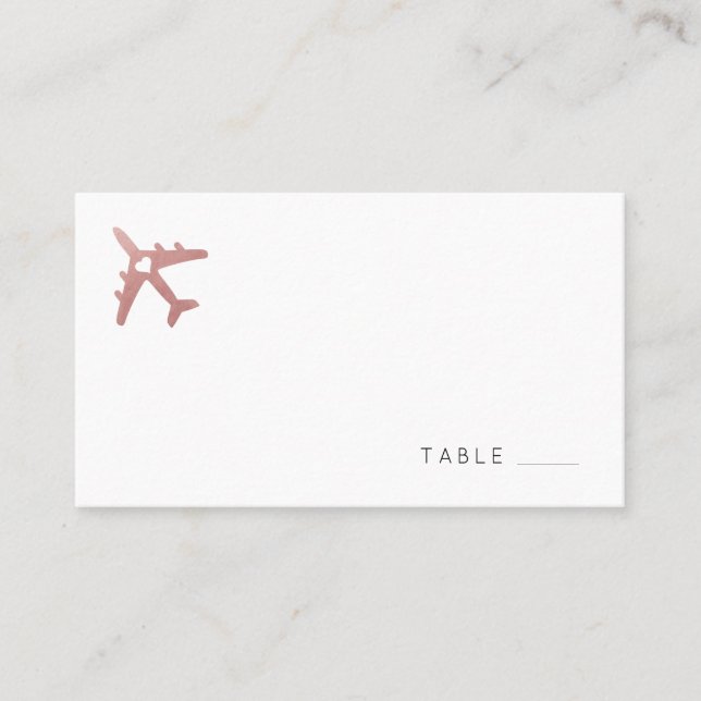 Rose Gold Airplane Travel Themed Flat Place Card (Front)