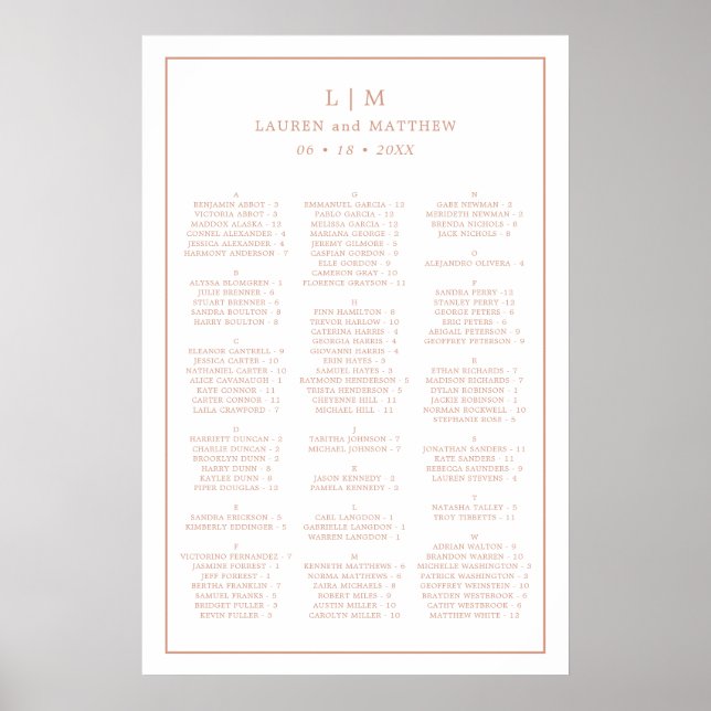 Rose Gold Alphabetical Wedding Seating Chart (Front)