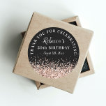 Rose Gold and Black 50th Birthday Thank You Favour Classic Round Sticker<br><div class="desc">Custom Rose Gold and Black Fiftieth Birthday Party Round Sticker Favour Label - Add your name,  birthday being celebrated,  and date of the birthday party.  A modern glam design that pairs a decorative bold font with handwritten calligraphy and is topped off with a rose gold glitter accent faux glitter.</div>