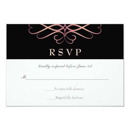Rose Gold and Black, Elegant Flourishes Wedding Card