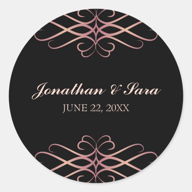 Rose Gold and Black, Elegant Personalized Wedding Classic Round Sticker (Front)
