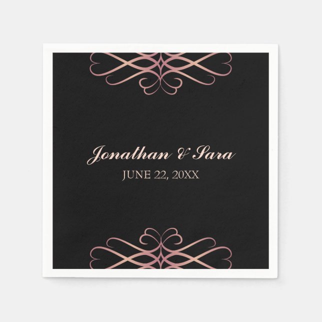 Rose Gold and Black, Elegant Personalized Wedding Napkin (Front)