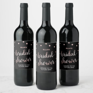 Rose Gold and Black   Glam Confetti Bridal Shower Wine Label