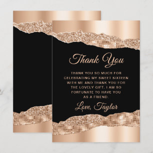 Rose Gold and Black Glam Tears Sweet Sixteen Thank You Card