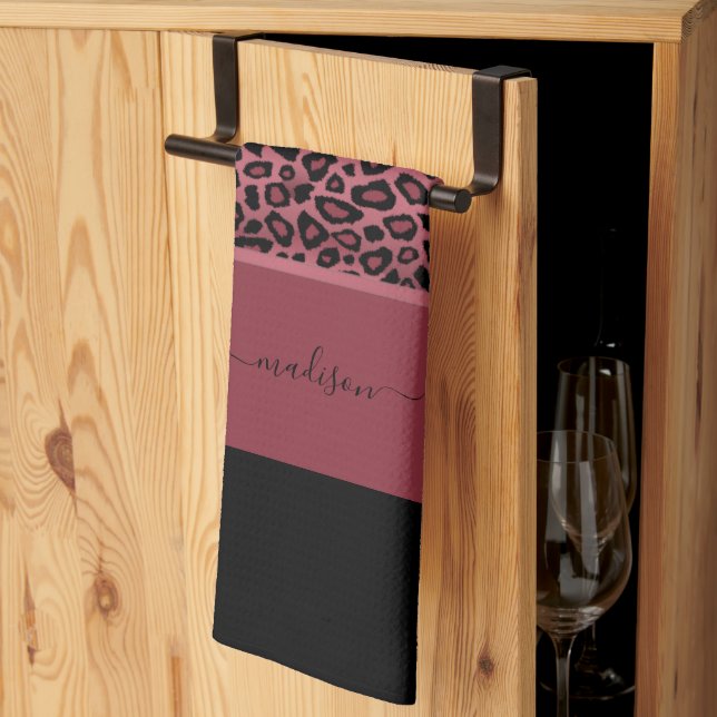 Rose Gold and Black Leopard Animal Print Kitchen Towel (Thirds Fold)