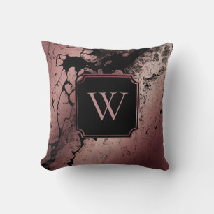 Rose Gold and Black Marbled Pattern w/ Monogram Throw Pillow