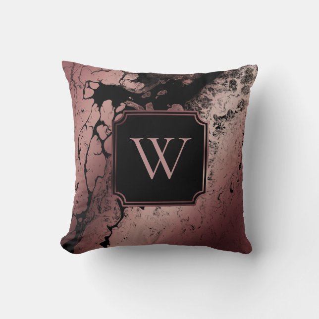 Rose Gold and Black Marbled Pattern w/ Monogram Throw Pillow (Front)