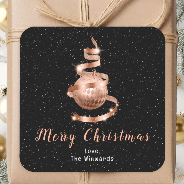 Rose Gold and Black Ornament Merry Christmas Square Sticker (Creator Uploaded)
