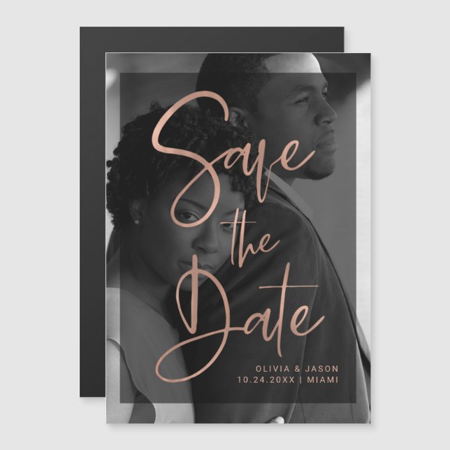 Rose Gold and Black Overlay | Photo Save the Date Magnetic Invitation (Front/Back)