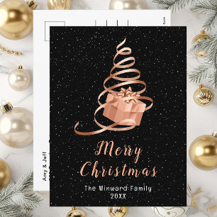Rose Gold and Black Ribbon Gift Merry Christmas Holiday Postcard
