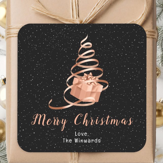 Rose Gold and Black Ribbon Gift Merry Christmas Square Sticker (Creator Uploaded)