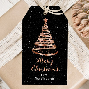 Rose Gold and Black Ribbon Tree Merry Christmas Gift Tags