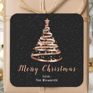 Rose Gold and Black Ribbon Tree Merry Christmas Square Sticker
