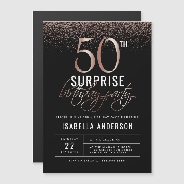 Rose Gold and Black Surprise 50th Birthday Party Magnetic Invitation (Front/Back)