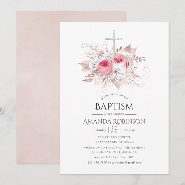 Rose Gold and Blush Floral Baptism or Christening Invitation (Front/Back)