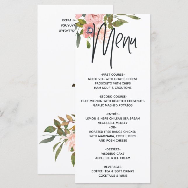 Rose Gold and Blush Floral Menu (Front/Back)