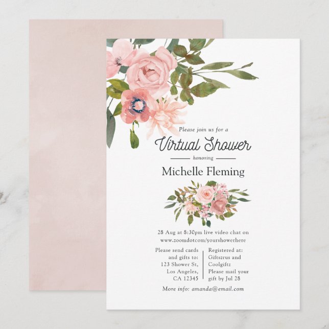 Rose Gold and Blush Floral Virtual Baby Shower Invitation (Front/Back)