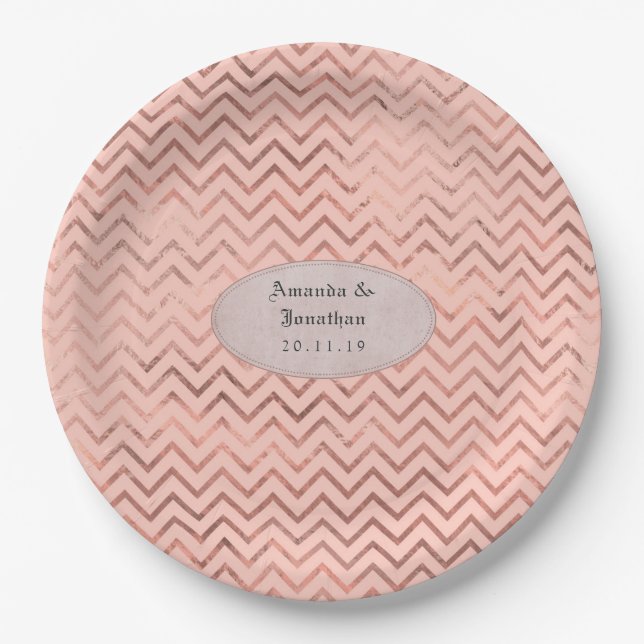 Rose Gold and Blush Foil Chevron Wedding Paper Plate (Front)