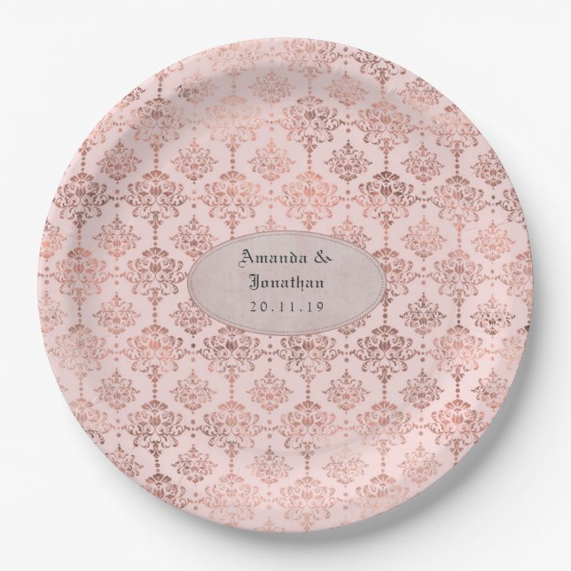 Rose Gold and Blush Foil Damask Wedding Paper Plate (Front)