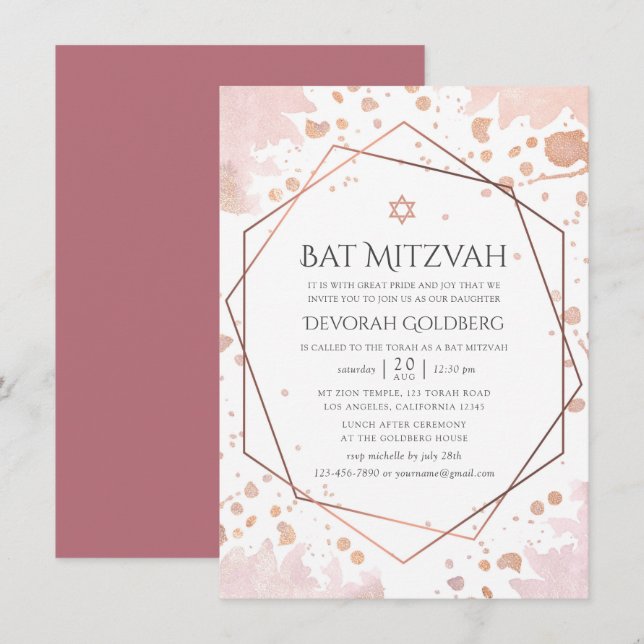 Rose Gold and Blush Geometric Bat Mitzvah Invitation (Front/Back)