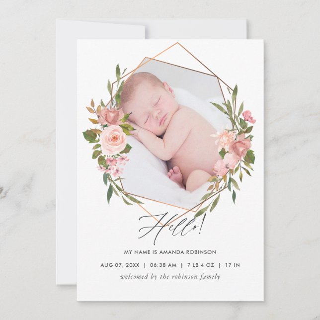 Rose Gold and Blush Geometric Birth Announcement (Front)