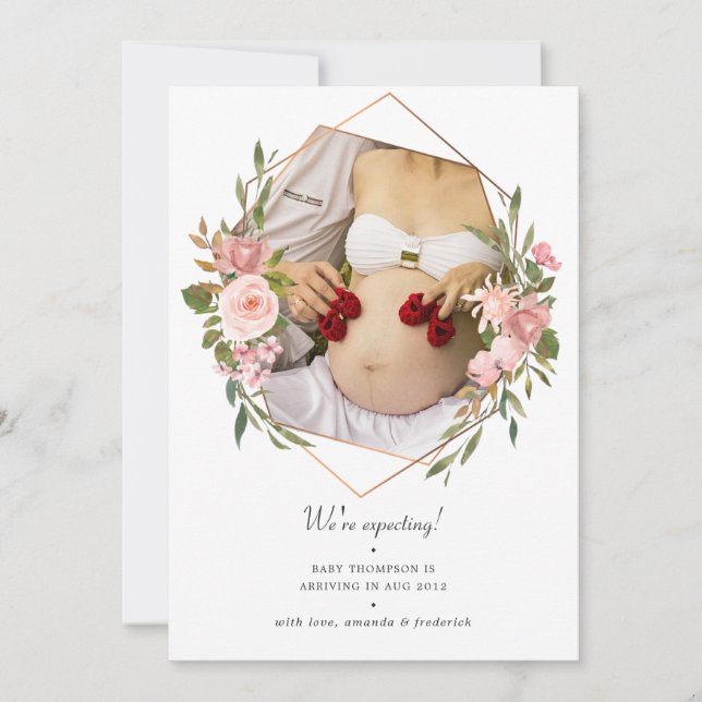 Rose Gold and Blush Geometric Photo Pregnancy Announcement (Front)