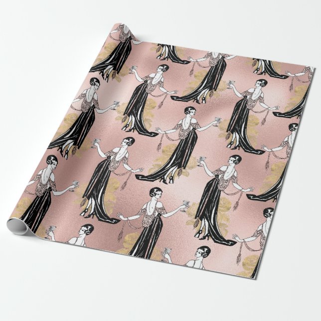 Rose Gold and Blush Pink Art Deco Wine Wrapping Paper (Unrolled)