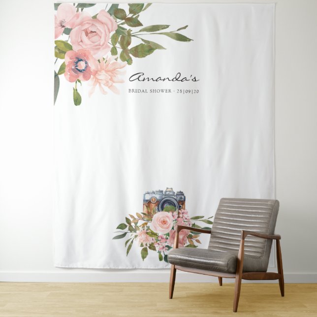 Rose Gold and Blush Pink Bridal Shower Photo Booth Tapestry (In Situ)