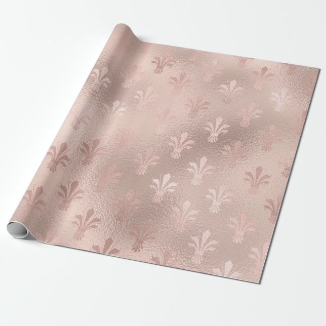 Rose Gold and Blush Pink Fleur de Lis pattern Wrapping Paper (Unrolled)