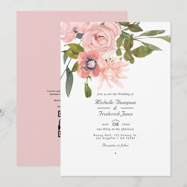 Rose Gold and Blush Pink Floral QR Code Wedding Invitation (Front/Back)
