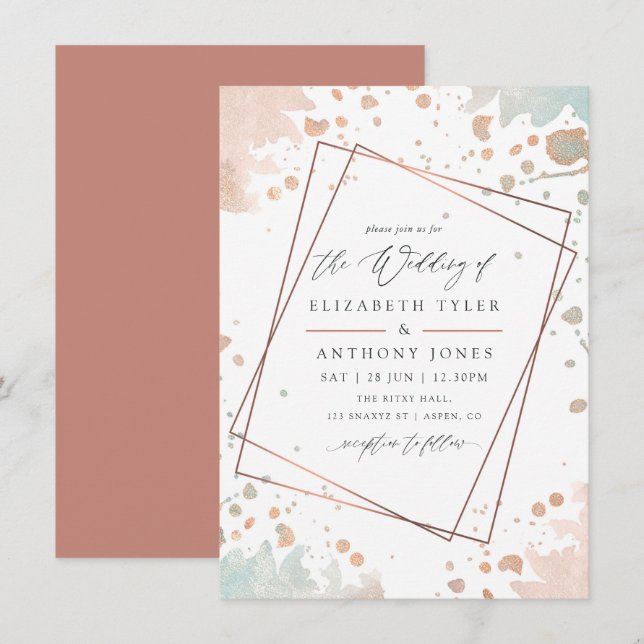 Rose Gold and Blush Pink Paint Geometric Wedding Invitation (Front/Back)