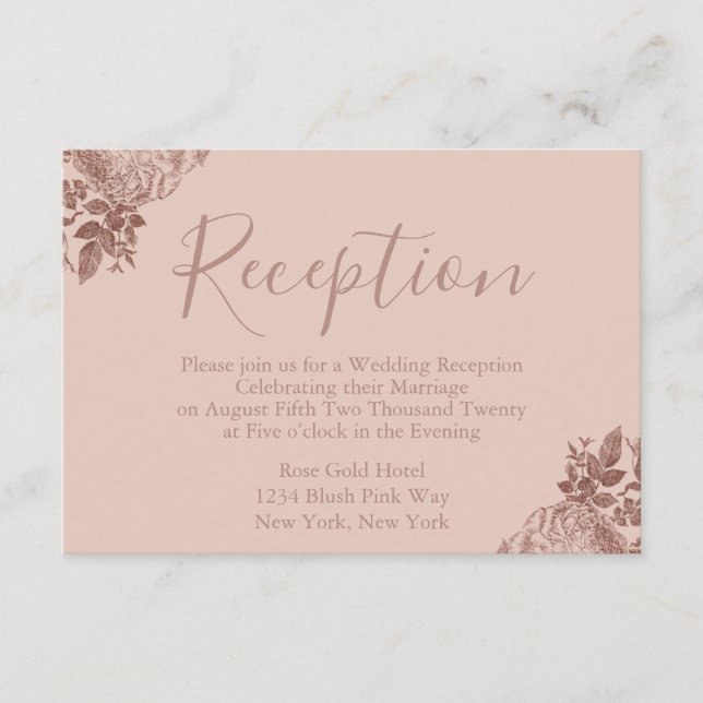 Rose Gold and Blush Pink Wedding Reception Enclosure Card (Front)