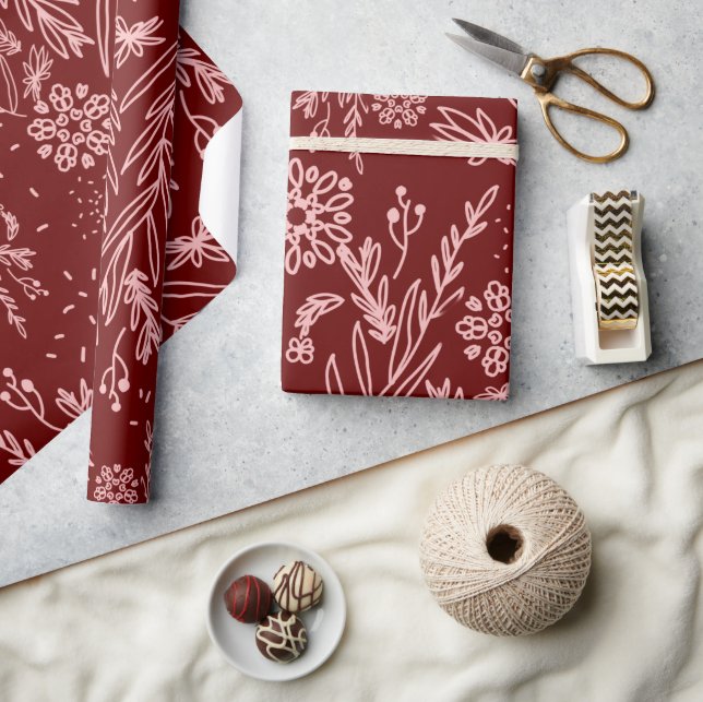 Rose Gold and Burgundy Botanical Doodle Pattern Wrapping Paper (Crafts)