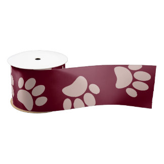 Rose Gold And Burgundy Colour Dog Paw Pattern Satin Ribbon