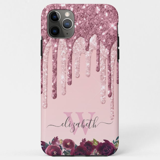 Rose Gold and Burgundy Glitter Drips Monogram Case-Mate iPhone Case (Back)