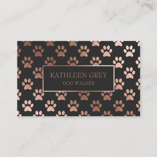 Rose Gold And Charcoal Paw Print Pattern Business Card (Front)