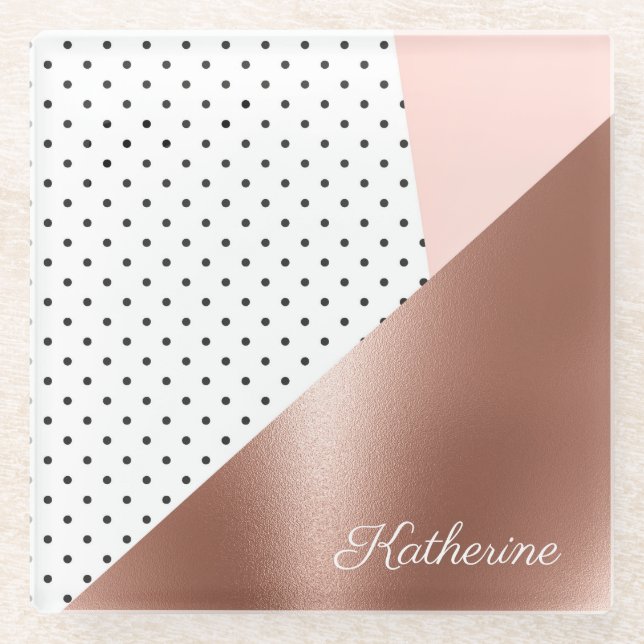 Rose Gold and Dots Glass Coaster (Front)