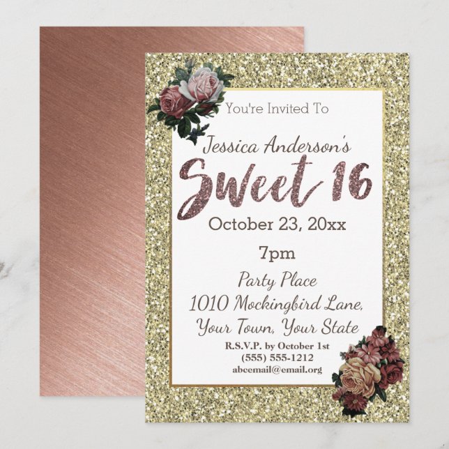 Rose Gold and Faux Glitter Floral Sweet 16 Invitation (Front/Back)