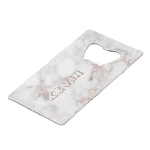 Rose-gold and grey faux marble credit card bottle opener