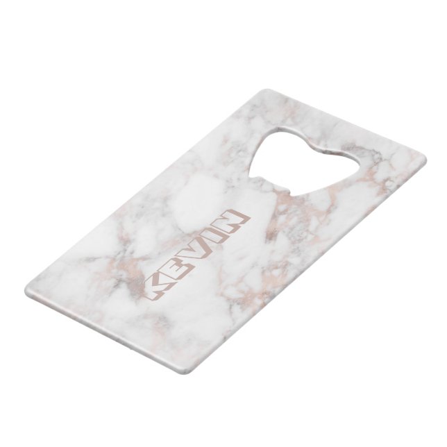 Rose-gold and grey faux marble credit card bottle opener (Back Angled)