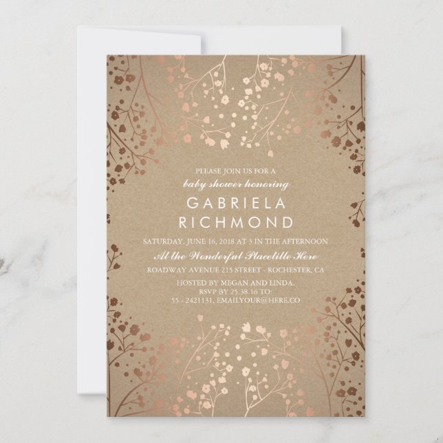 Rose Gold and Kraft Floral White Baby Shower Invitation (Front)