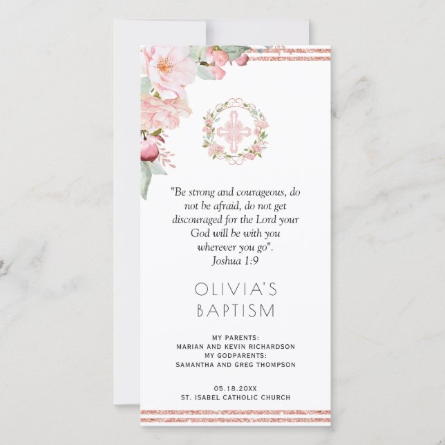 Rose Gold and Mint Floral Baptism Bookmark Favour Thank You Card (Front)