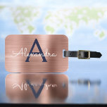 Rose Gold and Navy Blue Brushed Metal Monogram Luggage Tag<br><div class="desc">Rose Gold - Blush Pink and Navy Blue Brushed Metal Foil Monogram Name and Initial Luggage Tag. This bag tag is perfect for Back to School,  Work,  or Travelling.</div>