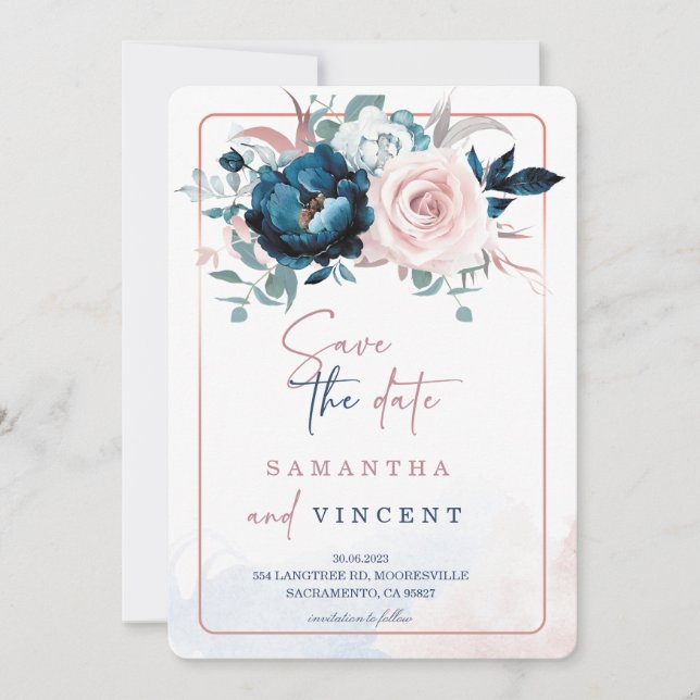 Rose Gold and Navy Blue Save the Date Template (Front)