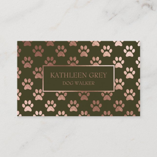 Rose Gold And Olive Paw Print Pattern Business Card (Front)